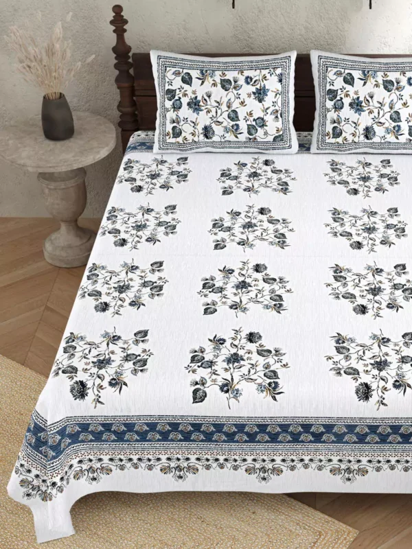 Alora – Block Art Jaipuri Print Pure Cotton King Size Bed sheet (100% Cotton, White, Blue)