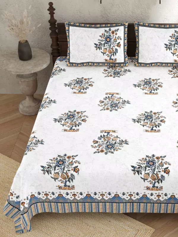 Alora – Floral Jaipuri Print Pure Cotton King Size Bed sheet (100% Cotton, White, Teal)
