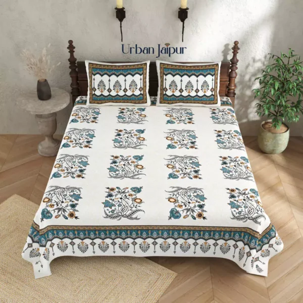 Alora - Floral Jaipuri Print Pure Cotton King Size Bed sheet (108*108) (White, Teal)