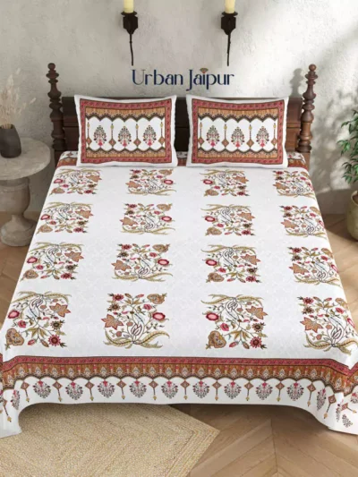 Alora – Floral Jaipuri Print Pure Cotton King Size Bed sheet (108*108) (White, Brown)