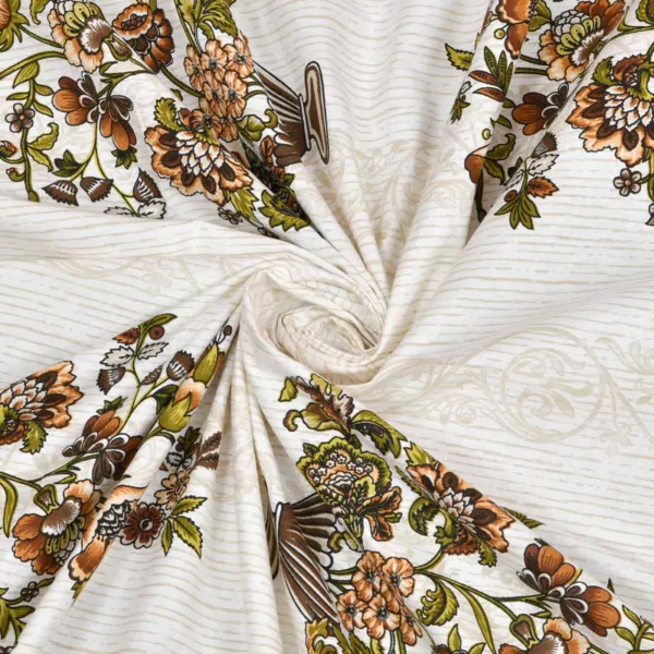 Alora – Floral Jaipuri Print Pure Cotton King Size Bed sheet (100% Cotton, White, Yellow)