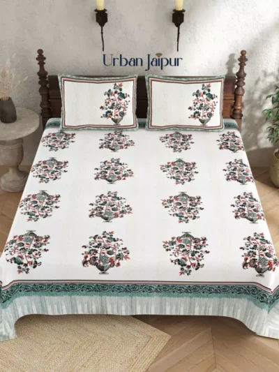 floral jaipuri handblock print front angle of bedsheet king size bed sheet