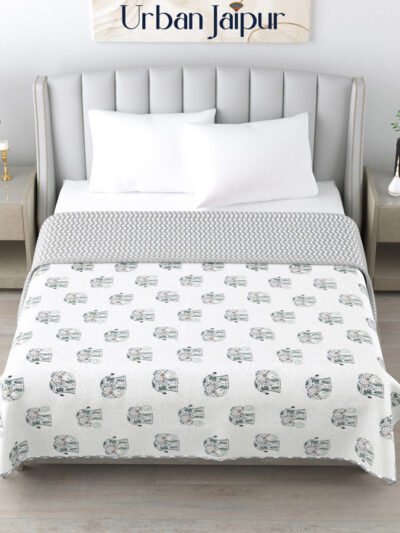 Double bed dohar elephant print, cambric cotton, green