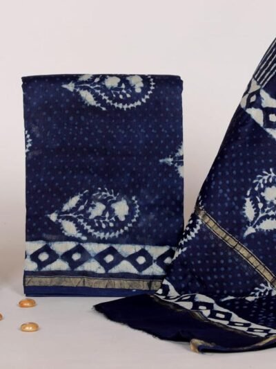 Indigo Chanderi Silk Unstitched Suit Set with Batik Print - Elegant Dress Material for Women