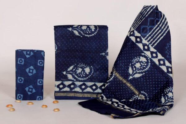 Indigo Chanderi Silk Unstitched Suit Set with Batik Print - Elegant Dress Material for Women