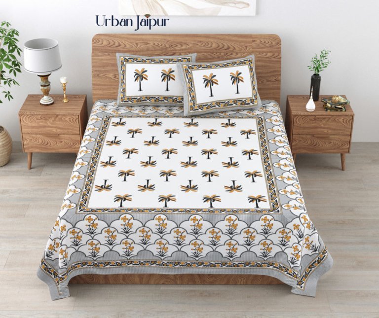 Kaya - Palm Block Print White Base Queen Size Bedsheet (95x108) (White Base)