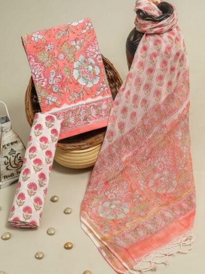 Jaipuri Cotton Unstitched Dress Material with Kota Doria Dupatta, Peach Base