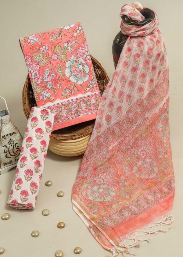 Jaipuri Cotton Unstitched Dress Material with Kota Doria Dupatta, Peach Base