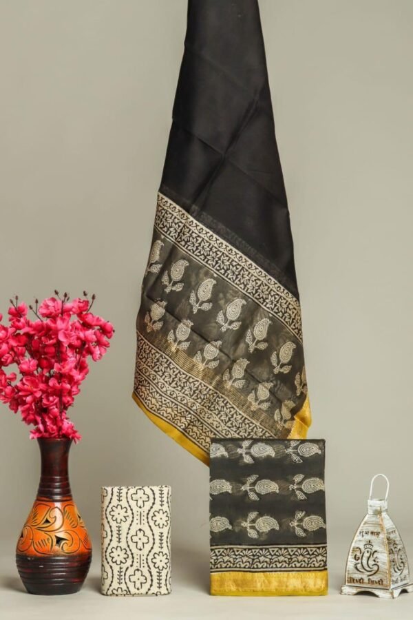 Black Maheshwari Silk Suit Set with Yellow Gold Zari Border