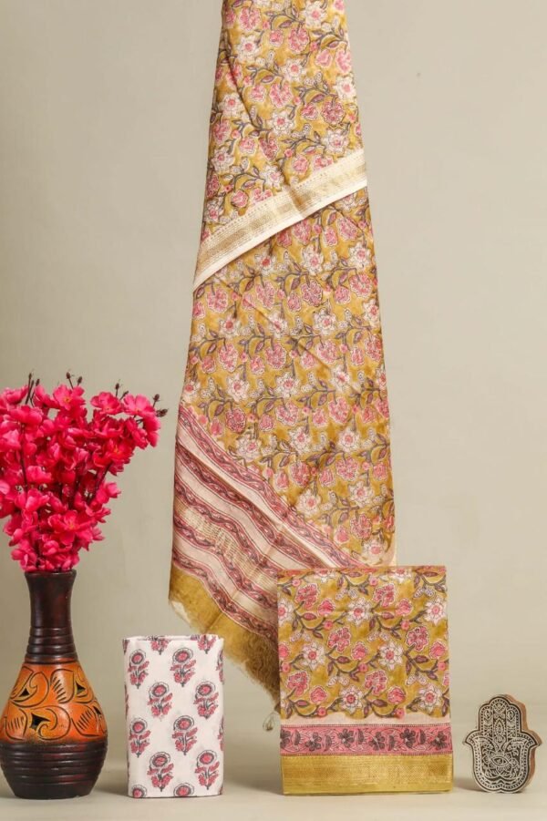 Mustard Yellow Maheshwari Silk Suit Set with Pink Floral Accents