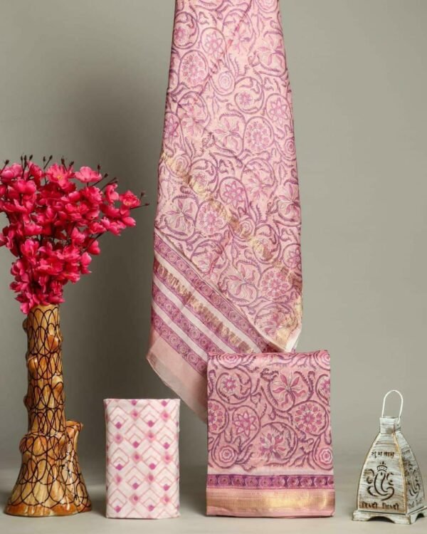 Mauve Maheshwari Silk Suit Set with White Peach Bottom