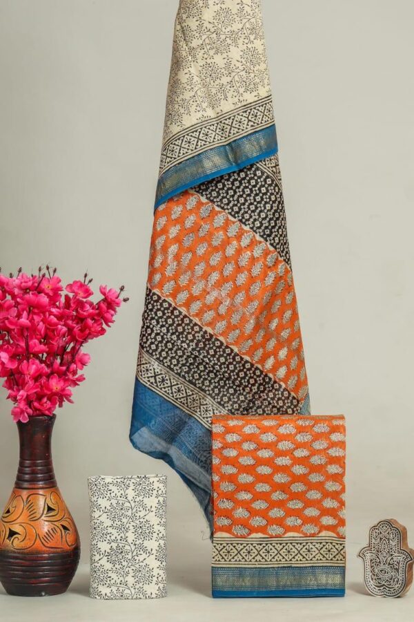 Maheshwari Silk Suit Set - Orange with Blue Border & Gold Zari Accents