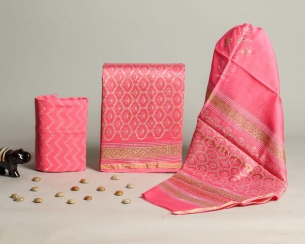 Vibrant Pink Maheshwari Silk Suit Set with Gold Zari Border