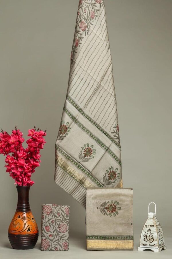 Maheshwari Silk Suit Set - Grey Buta Floral with Gold Zari Border