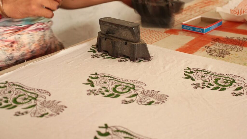 block printing on a bedsheet of cotton fabric