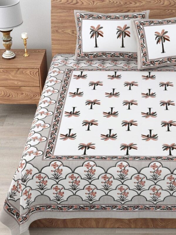 Kaya - Palm Block Print White Base Queen Size Bedsheet (95x108) (White Base)