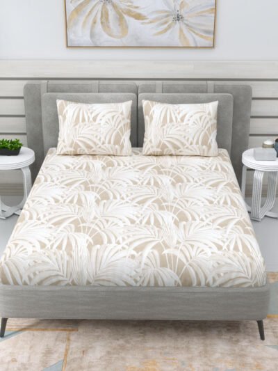 Serenity – Geometric Print Premium Satin Cotton King Size Bedsheet – Cream