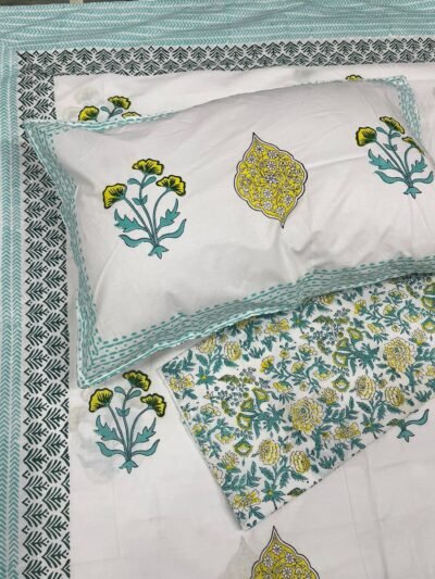 Hand Block Iris Flower Print King Size Bed Sheet - 100% Percale Cotton, White