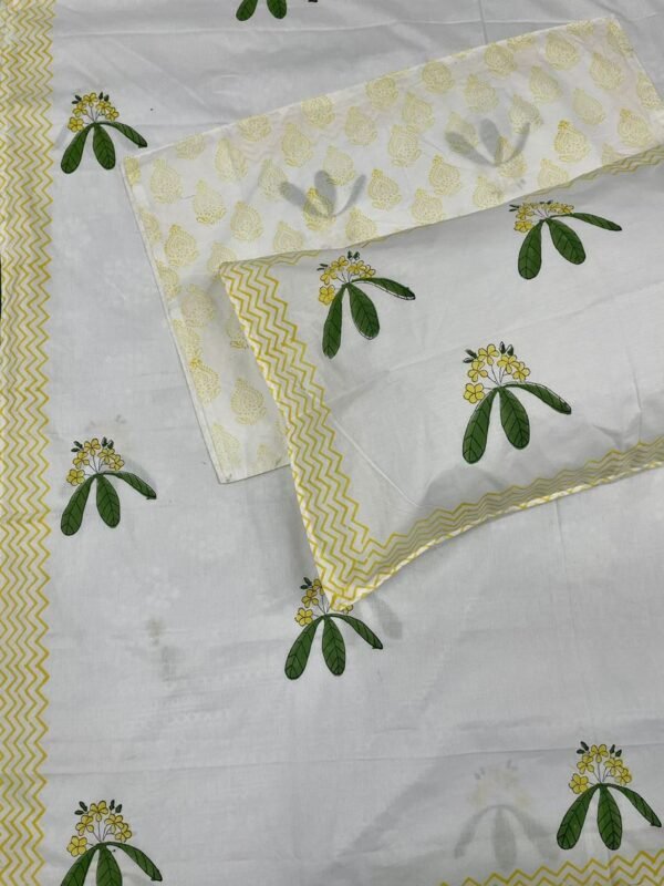 Hand Block Leaf Print King Size Bed Sheet - 100% Percale Cotton, White, Yellow