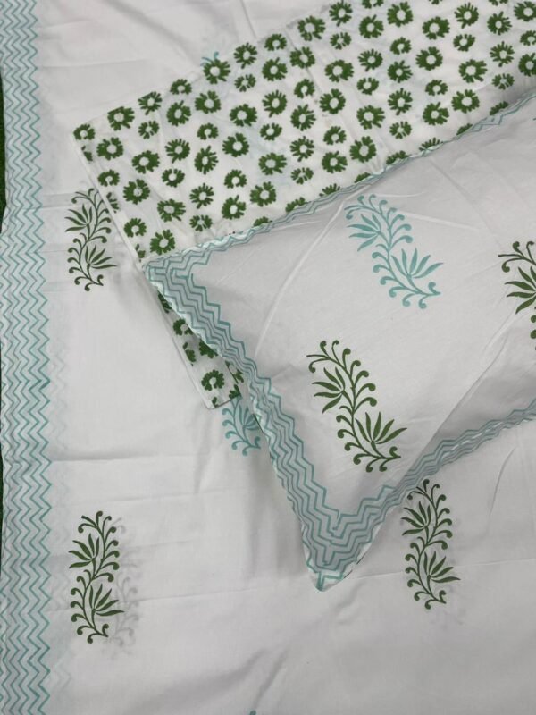 Hand Block Mehandi Design Print King Size Bed Sheet - 100% Percale Cotton, Green and White