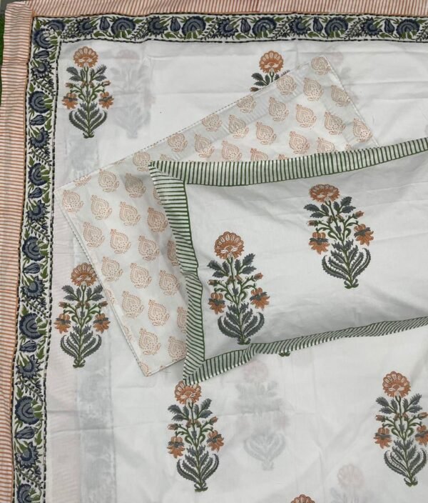 Hand Block Marigold Flower Print King Size Bed Sheet - 100% Percale Cotton, White with Cream Border