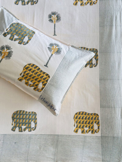 Cotton Hand Block Print King Size Bed Sheet - Hathi Print