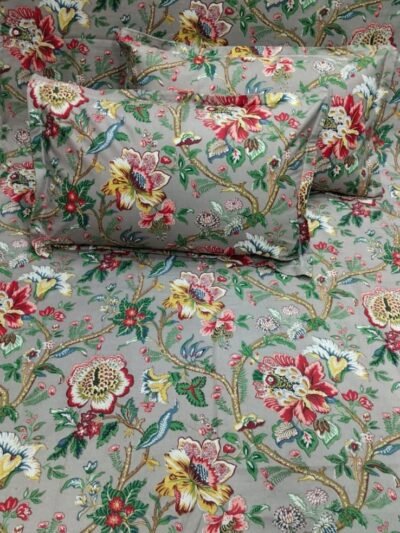 Anokhi - Flower Printed Pure Cotton King Size Bedsheet With Pillow Cover - Grey