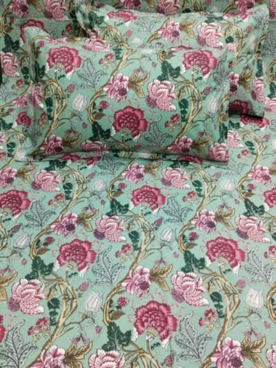 Anokhi - Floral Printed Pure Cotton King Size Bedsheet With Pillow Cover - Green