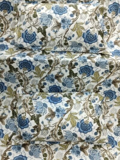Anokhi - Floral Printed Pure Cotton King Size Bedsheet With Pillow Cover - Blue, White