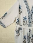 Block-Print Cotton Bathrobe for Women - White, Blue