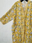 Yellow Block Print Floral Waffle Cotton Bathrobe for Women - Super Absorbent