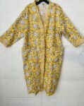 Yellow Block Print Floral Waffle Cotton Bathrobe for Women - Super Absorbent