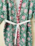 Sly Blue Block-Print Waffle Cotton Bathrobe for Women - Floral Print