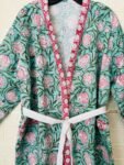 Sly Blue Block-Print Waffle Cotton Bathrobe for Women - Floral Print