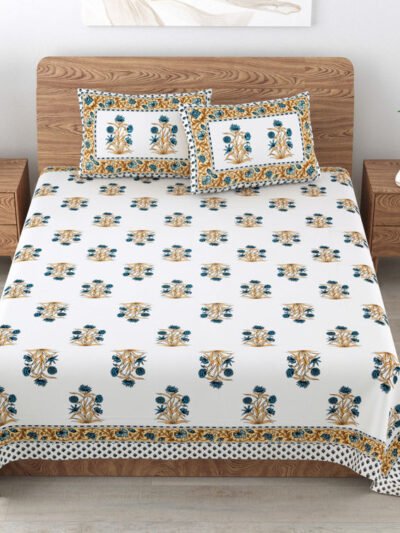 Kaya - Queen Size bedsheet - Block Printed bedsheet, white base, lilly blueyellow