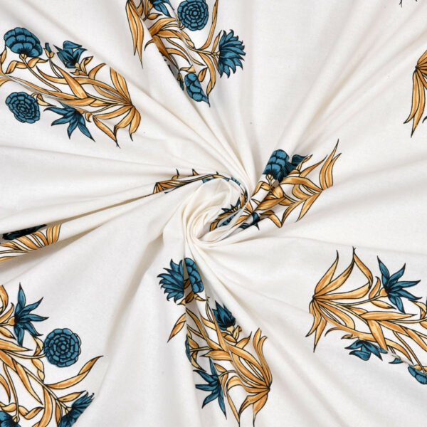 Kaya - Queen Size bedsheet - Block Printed bedsheet, white base, lilly blueyellow