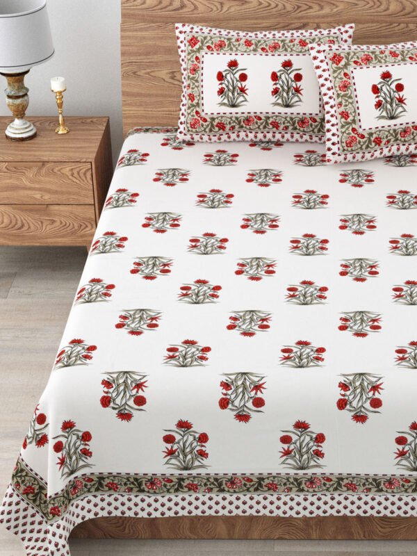 Kaya - Block Print White Base Queen Size Bedsheet (95x108) (Green, Red)