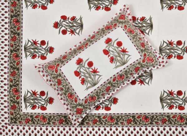 Kaya - Block Print White Base Queen Size Bedsheet (95x108) (Green, Red)
