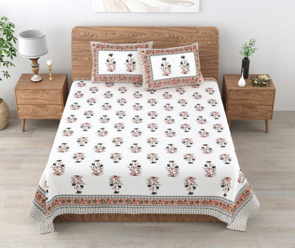 Kaya - Block Print White Base Queen Size Bedsheet (95x108) (Orange, Gray)