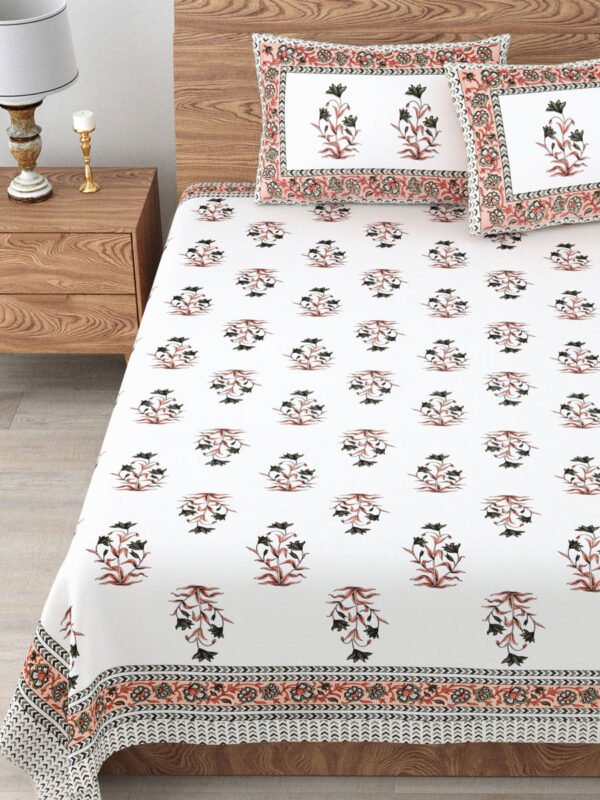 Kaya - Block Print White Base Queen Size Bedsheet (95x108) (Orange, Gray)