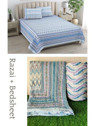 Set Of 4 Pcs -Traditional Jaipuri Razai Bedding Set - Blue (Bedsheet & Quilt Set)