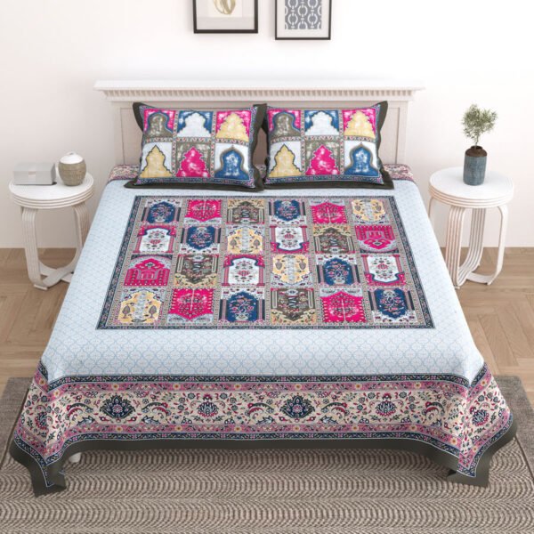 Traditional Jaipuri Print King Size Bedsheet - Blue, Red