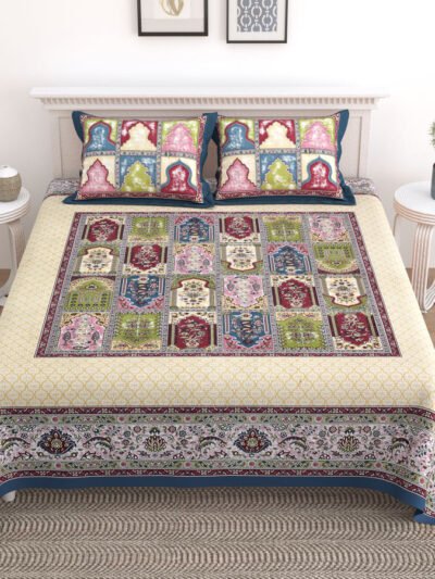 Traditional Jaipuri Print King Size Bedsheet - Blue, yellow base