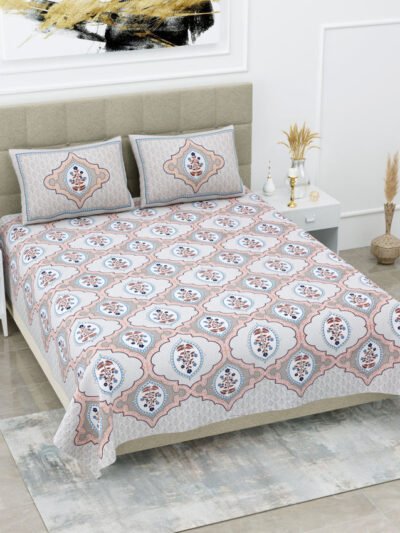 Traditional Jaipuri Print King Size Bedsheet - Cream, Peach Set of 1