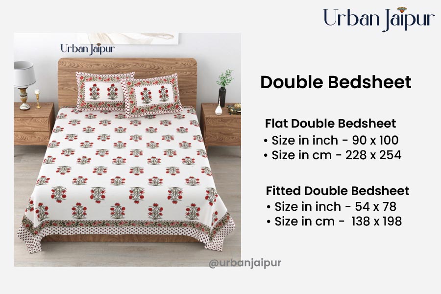 size of double bedsheet in inches and centimeters along with image of double bedsheet