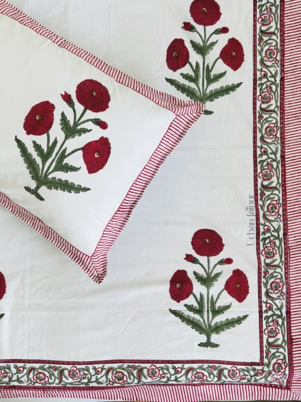 Harmony - Hand Block Print Percale Cotton King Size Bedsheet - Red Flower Design