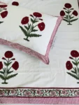 Harmony - Hand Block Print Percale Cotton King Size Bedsheet - Red Flower Design