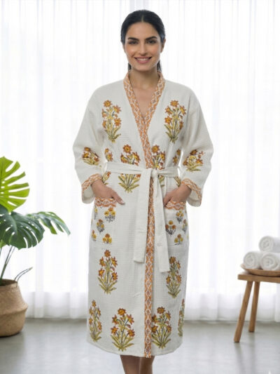 Block-Print Cotton Bathrobe for Women - Orange