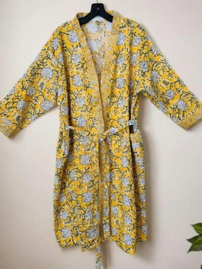 Yellow Block Print Floral Waffle Cotton Bathrobe for Women - Super Absorbent