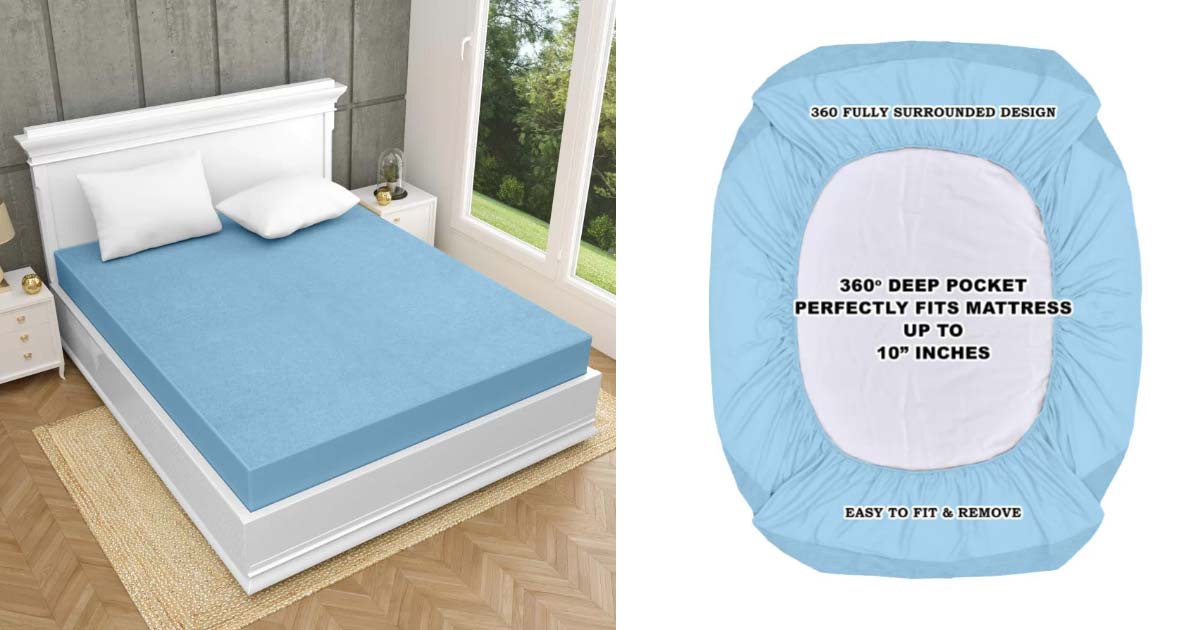 Image of water proof mattress protector. Left - a mattress protector on a mattress, on right is a image showing mattress protector from below - it has 360 degree deep pockets, which fits mattress upto 10 inches